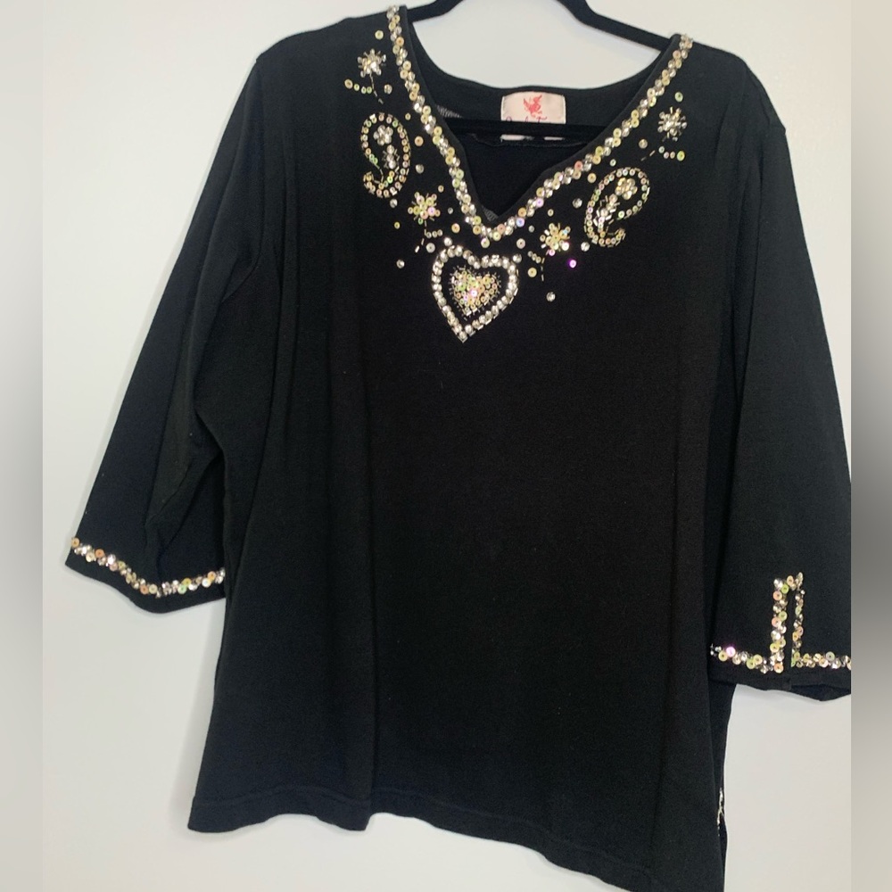 Quacker Factory Valentines Day Heart Paisley Beaded Sequined V Neck Blouse 3x
